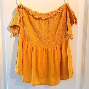 Mustard  yellow off the shoulder smocked design crop top